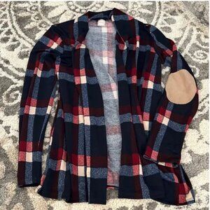 Hershe plaid open elbow patch cardigan, size L EUC!